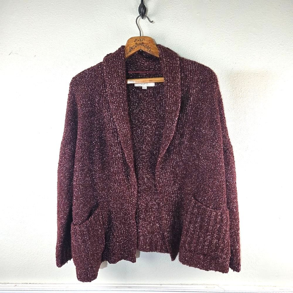 LOFT Burgundy Maroon Textured Knit Cardigan Sweater XL Open Front Shawl Collar